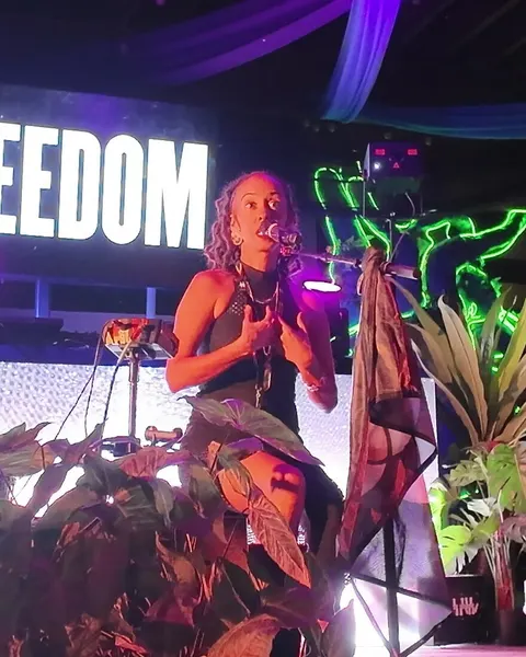 Earth night: both hands to the sky under FREEDOM