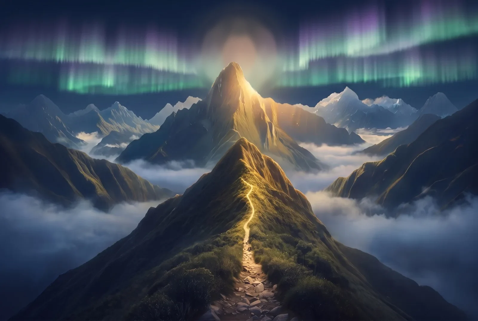 A lit path climbing a ridge toward a summit under the aurora, the ascension mark above the peak