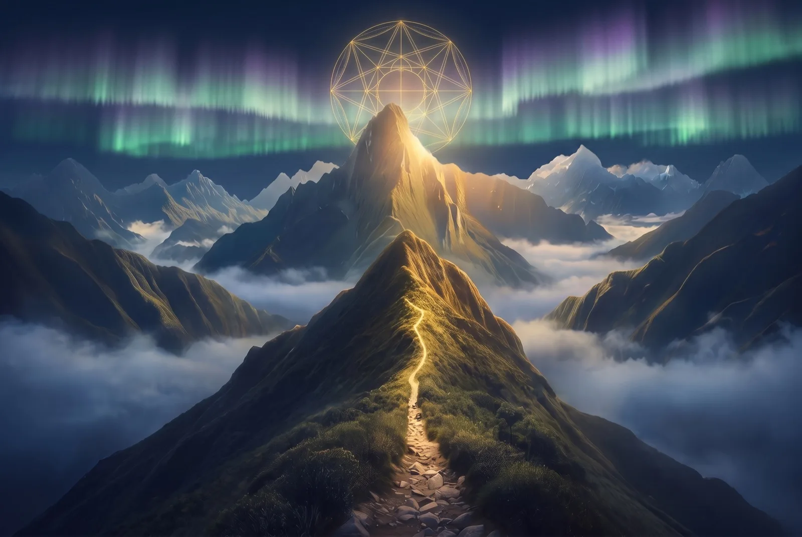A lit path climbing a ridge toward a summit under the aurora, the ascension mark above the peak