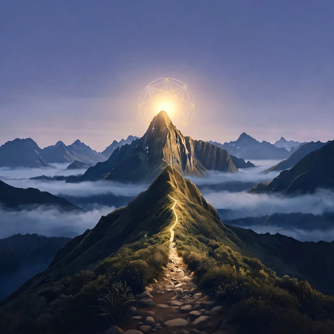The same lit path climbing to the same crowned summit at twilight, the ascension mark a clean ring of light above the peak
