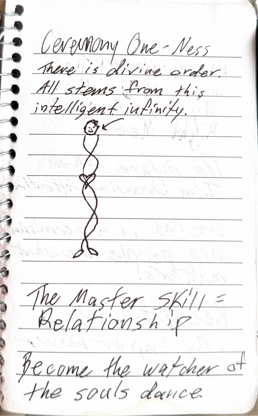 A journal page headed Ceremony One-Ness, with a drawing of a figure whose body is a braided double strand with a heart at the belly. It says there is divine order, the master skill is relationship, and become the watcher of the soul's dance.