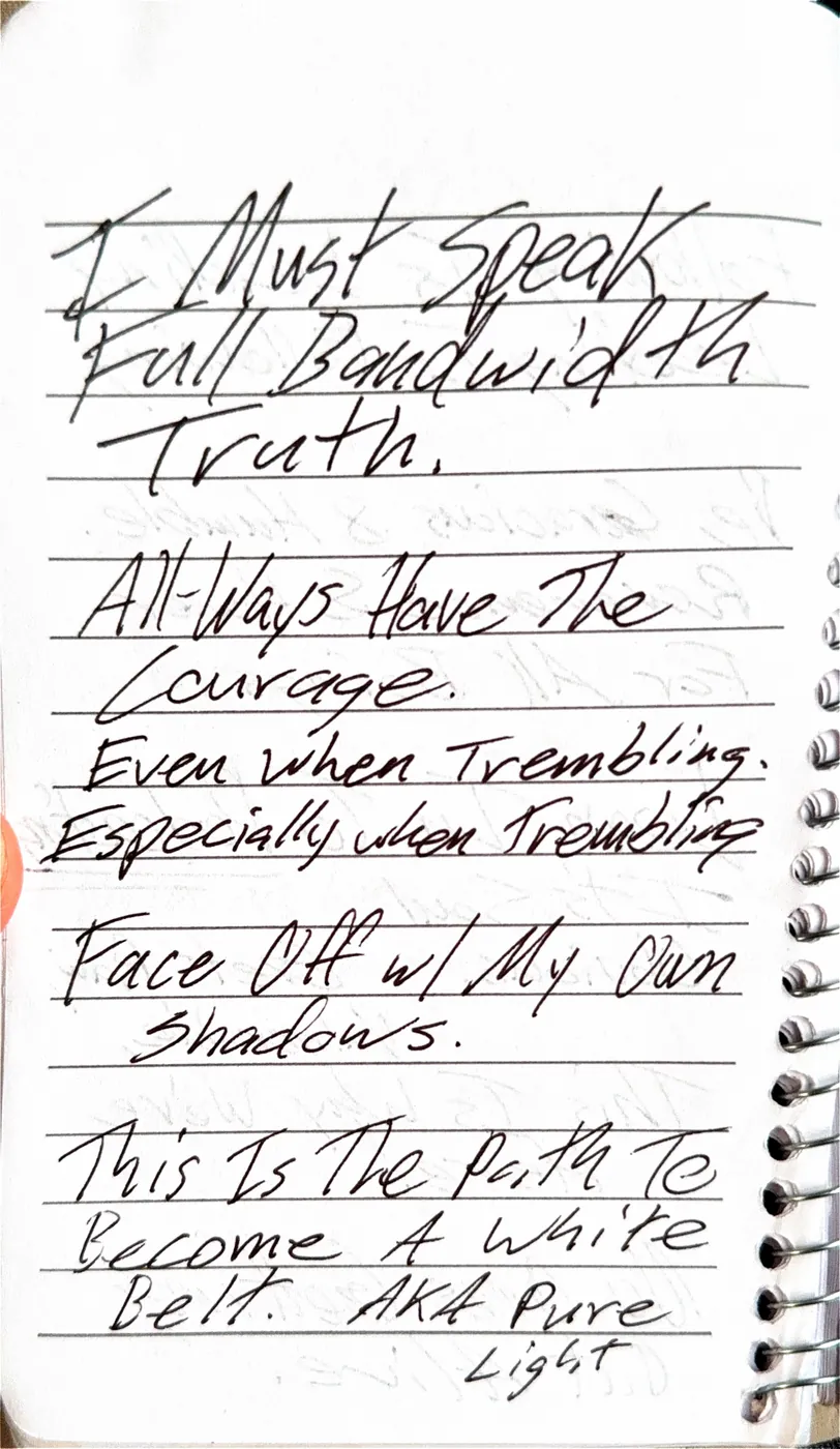 A journal page that says I must speak full bandwidth truth, always have the courage even when trembling, face off with my own shadows.