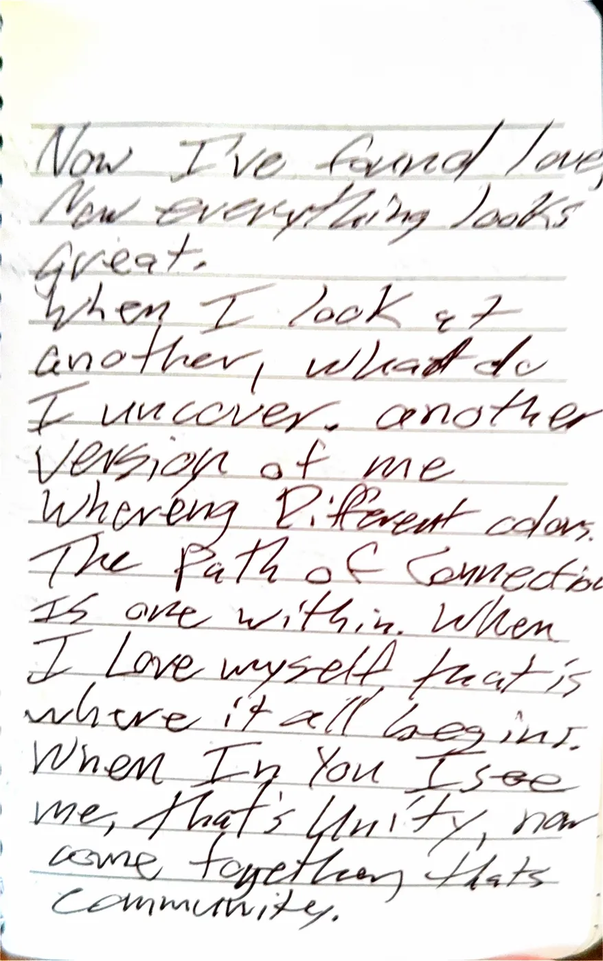 Poem page on seeing another version of me wearing different colors, and unity becoming community.