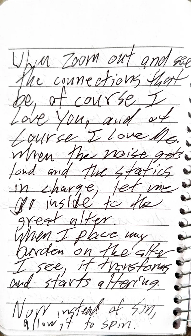 Poem page on zooming out to see connections and placing burdens on the altar where they transform.