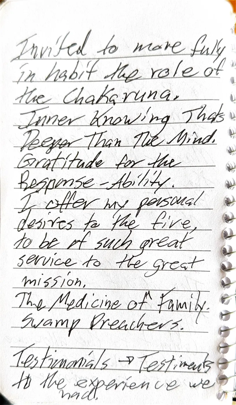 A journal page about being invited to more fully inhabit the role of the Chakaruna, gratitude for the response-ability, and offering personal desires to the fire in service of the mission.