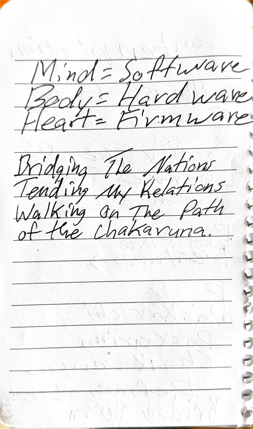 A journal page: mind equals software, body hardware, heart firmware; bridging the nations, tending my relations, walking on the path of the Chakaruna.