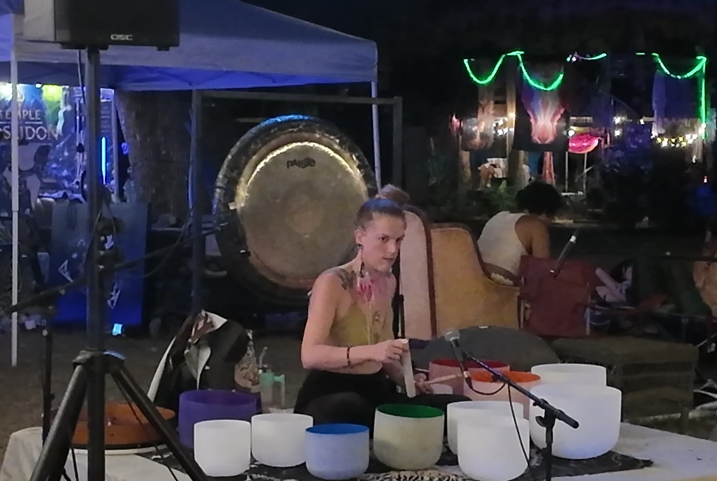 Fire Night, in the small hours: the crystal bowls under the draped tent