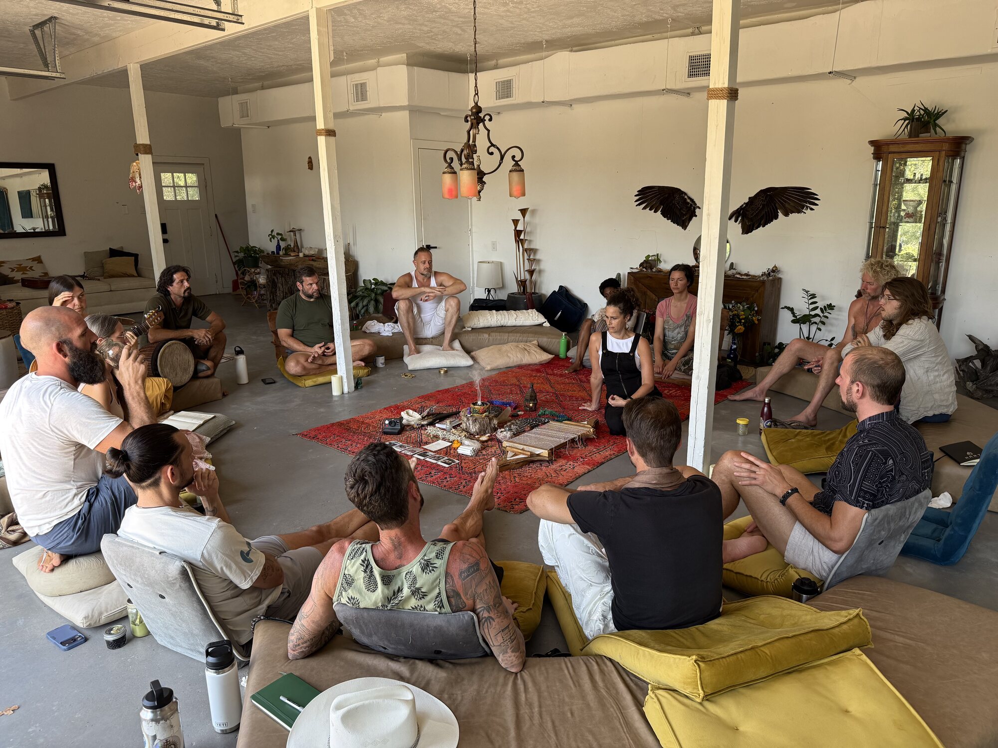 The sacred circle gathered around the altar and the loom at Haven, during Sacred Weaving, September 2026.